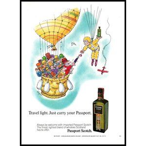 1971 Passport Scotch Vintage Print Ad Hot Air Balloon Travel Light Cartoon Art